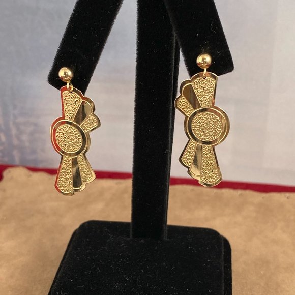 14K All Gold 1980's Dangle Drop Art Deco Earrings